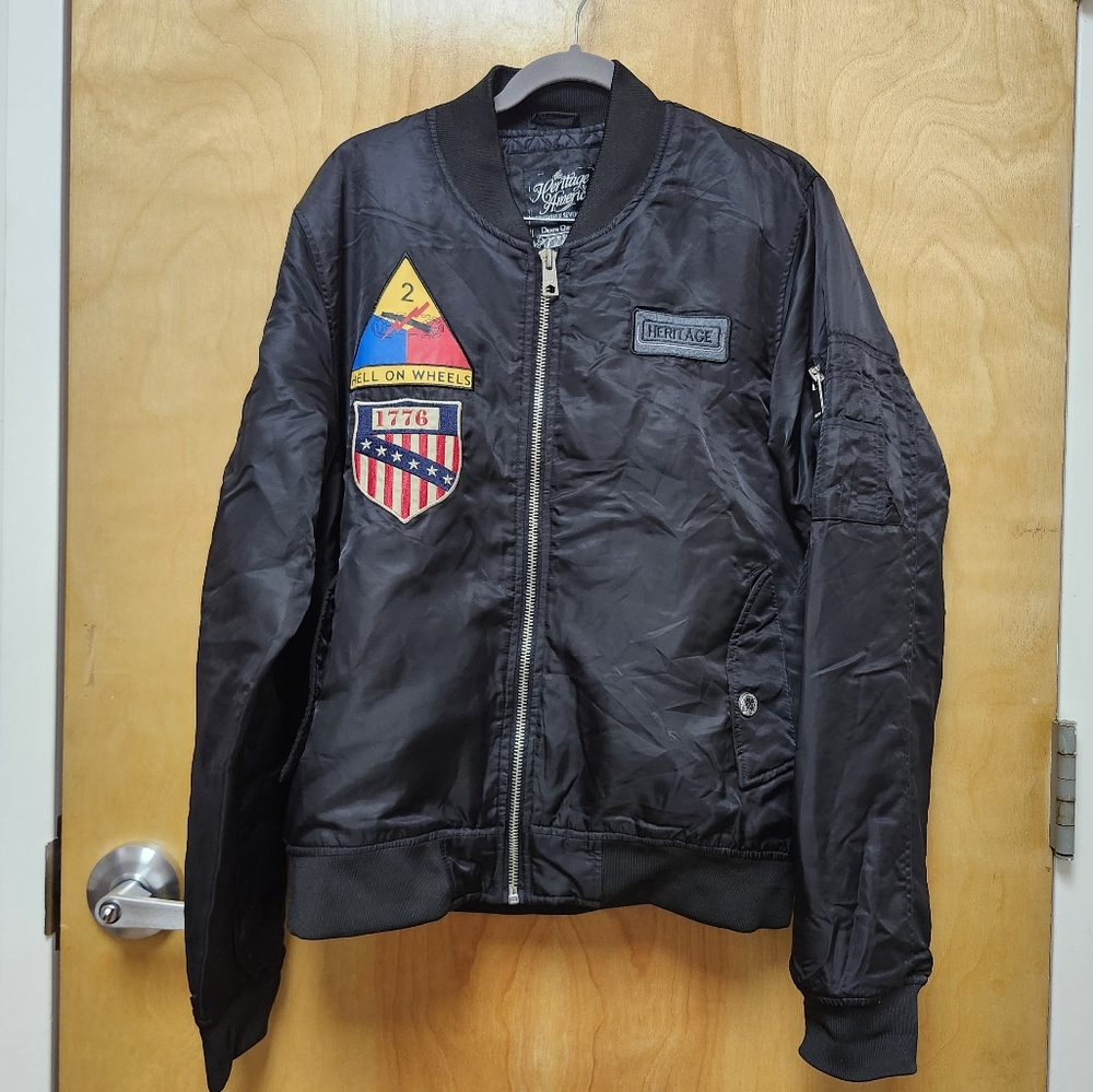 The Herritage by America jacket Size M Bomber Patches Moto Biker Grunge